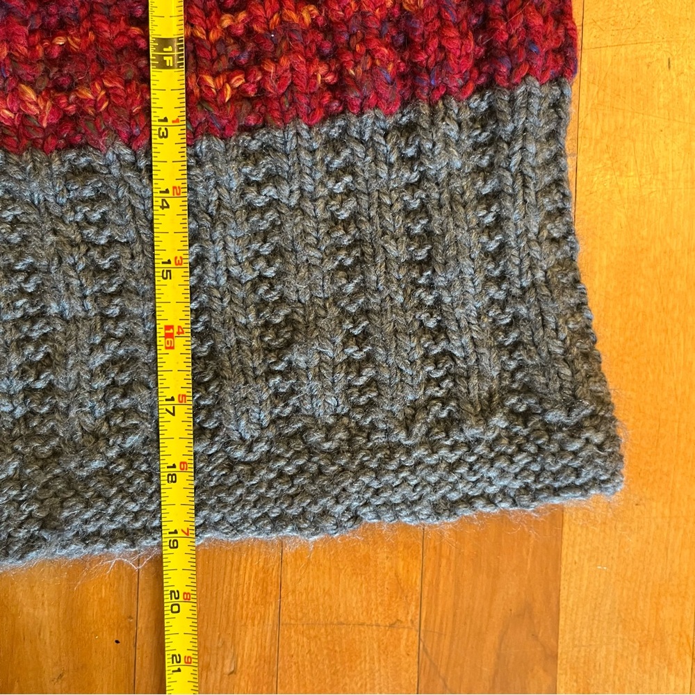 Handcrafted Deep Red and Grey Knit Button Open Front Cape - S/M - Picture 4 of 5